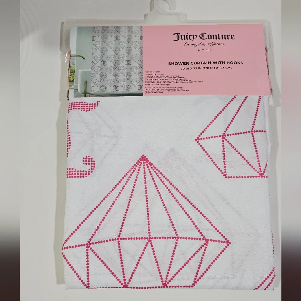 Juicy Couture White Shower Curtain with Pink Diamond Geometric Design New